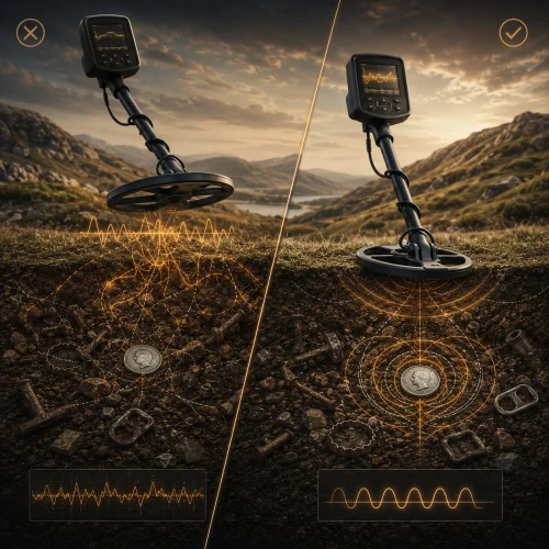 Detectorist adjusting ground balance settings in the field